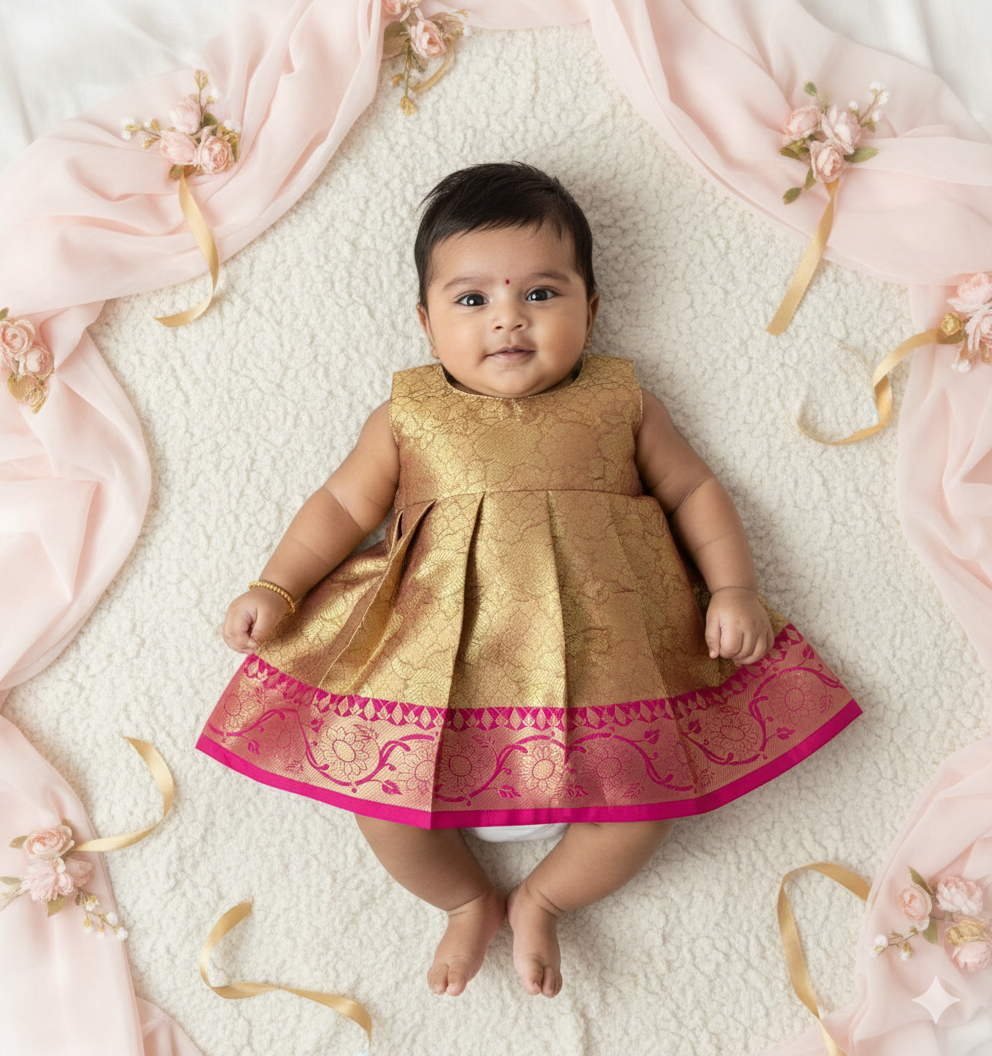 New Born Pink with Gold Banarasi Silk Knot Type Frock LF1630