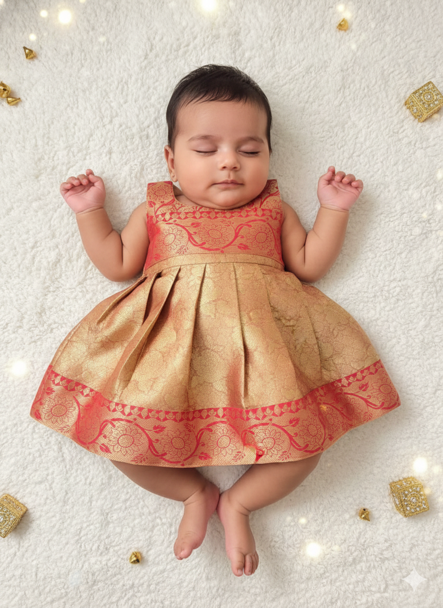New Born Red With Golden Banarasi Silk Frock LF1631
