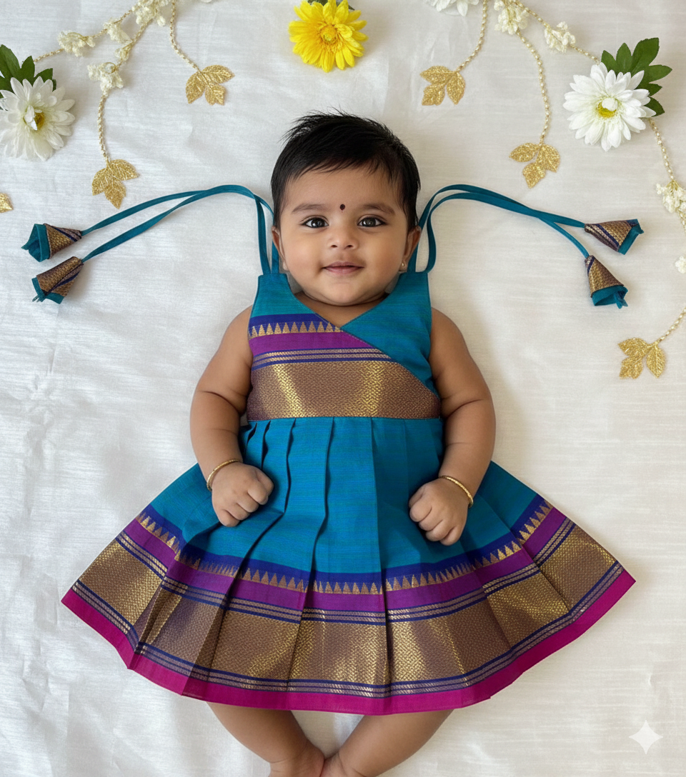 New Born Peacock Blue Chettinad Cotton Frock LF1637