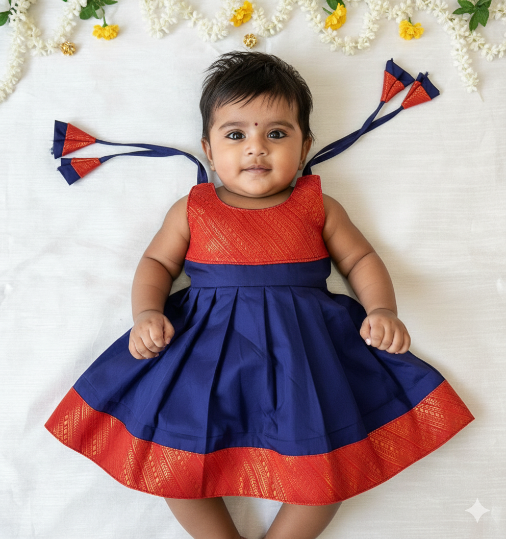 New Born Pepsi Blue with Red Border Raw Silk Frock LF1638