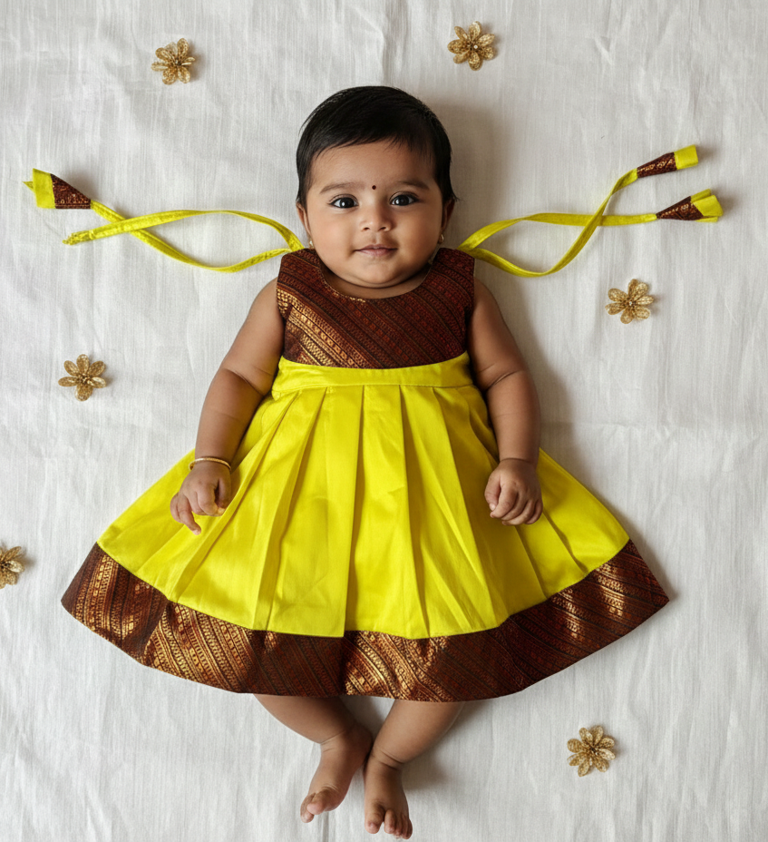 New Born Lemon Yellow with Copper Border Raw Silk Frock LF1651