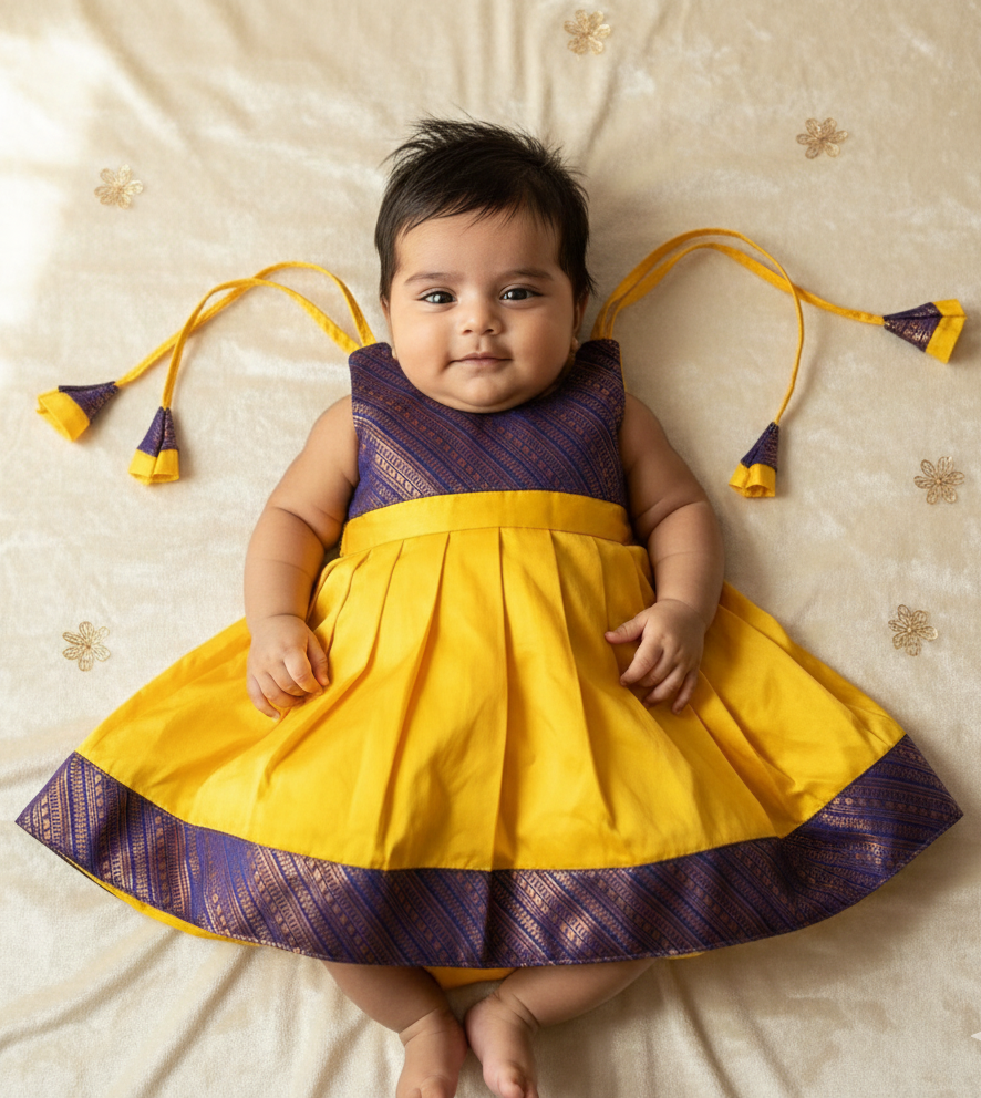 New Born Mango Yellow with Purple Border Raw Silk Frock LF1652