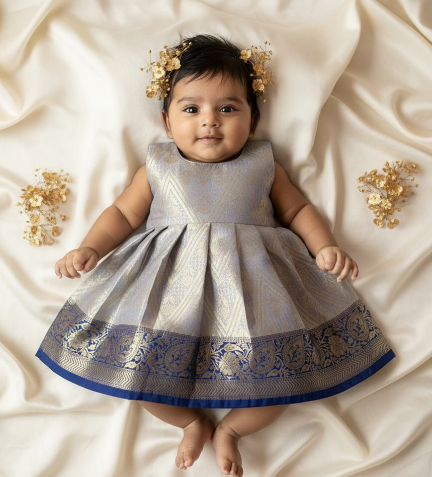 New Born Navy Banarasi Silk Knot Type Frock LF1657
