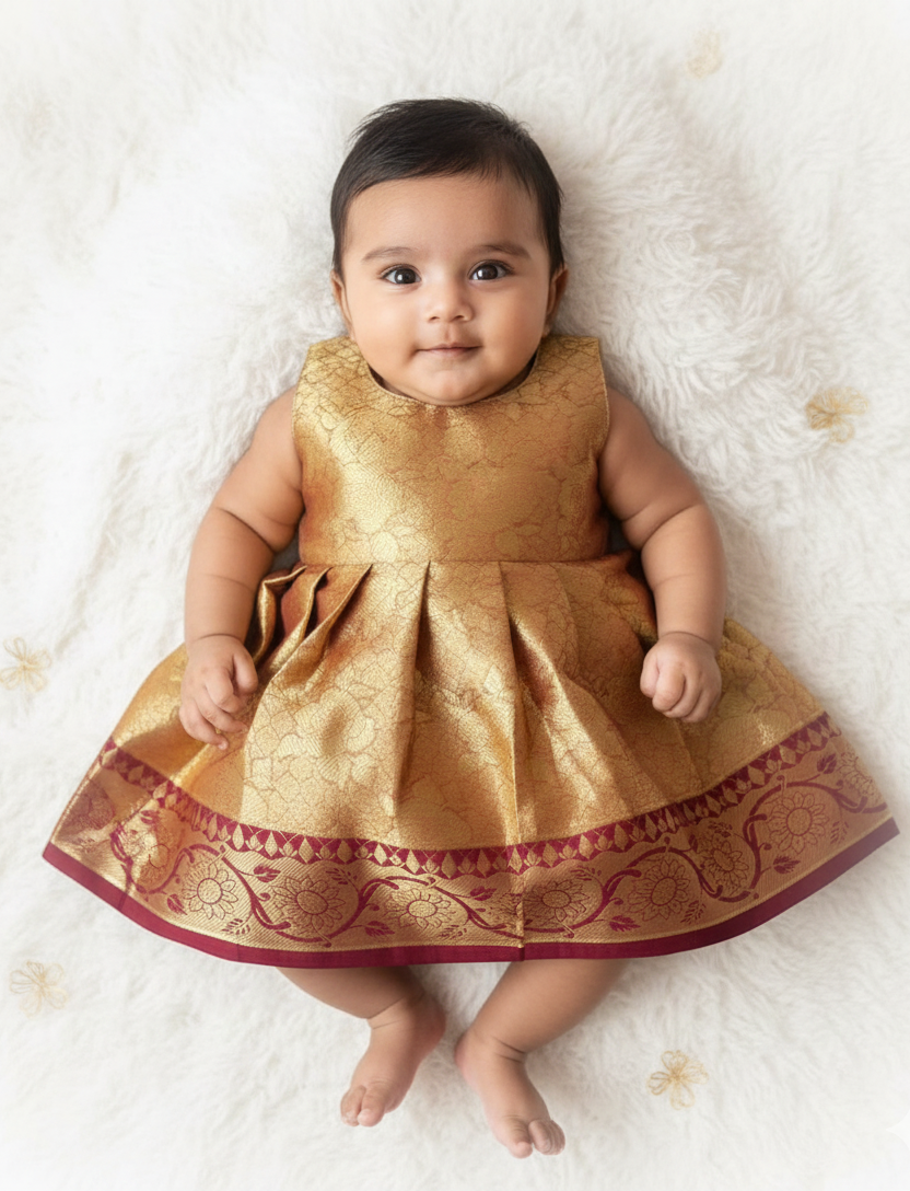 New Born Gold with Maroon Banarasi Silk Knot Type Frock LF1658