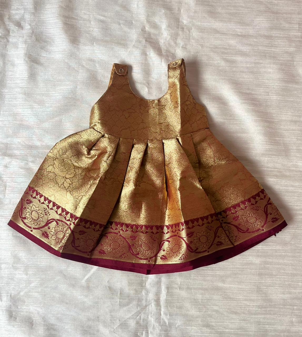 New Born Gold with Maroon Banarasi Silk Knot Type Frock LF1658