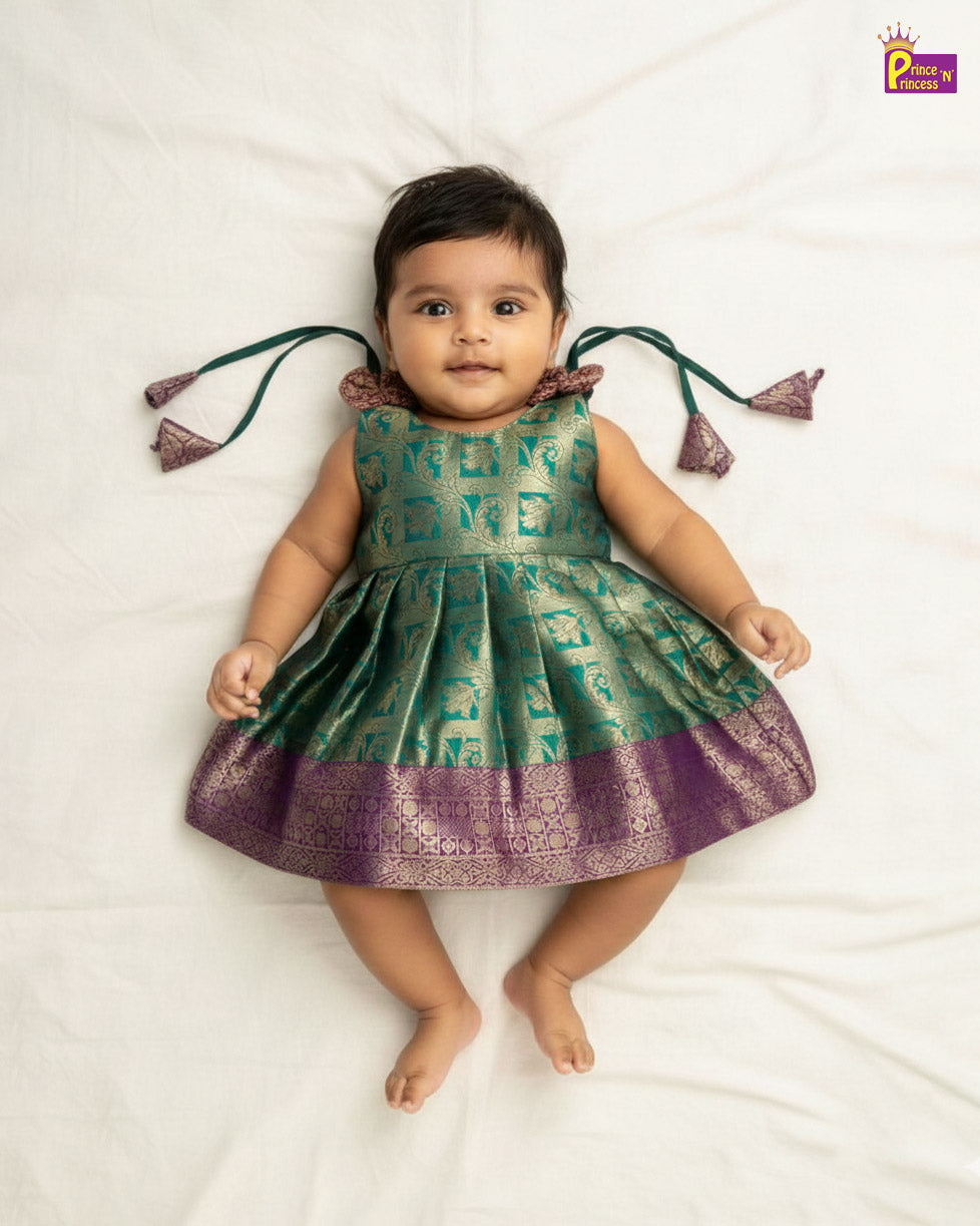 New Born Green with Purple Banarasi Silk Knot Type Frock LF1672