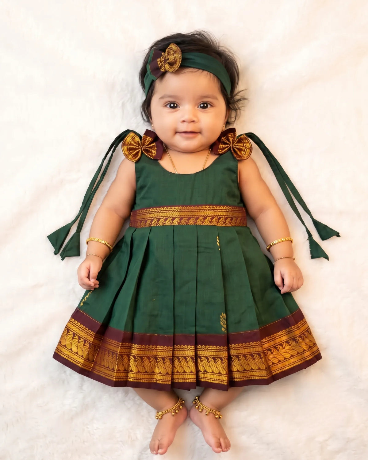 Newborn Baby Girl Dark Green Kalyani Cotton Zari Frock + Headband  LF2058