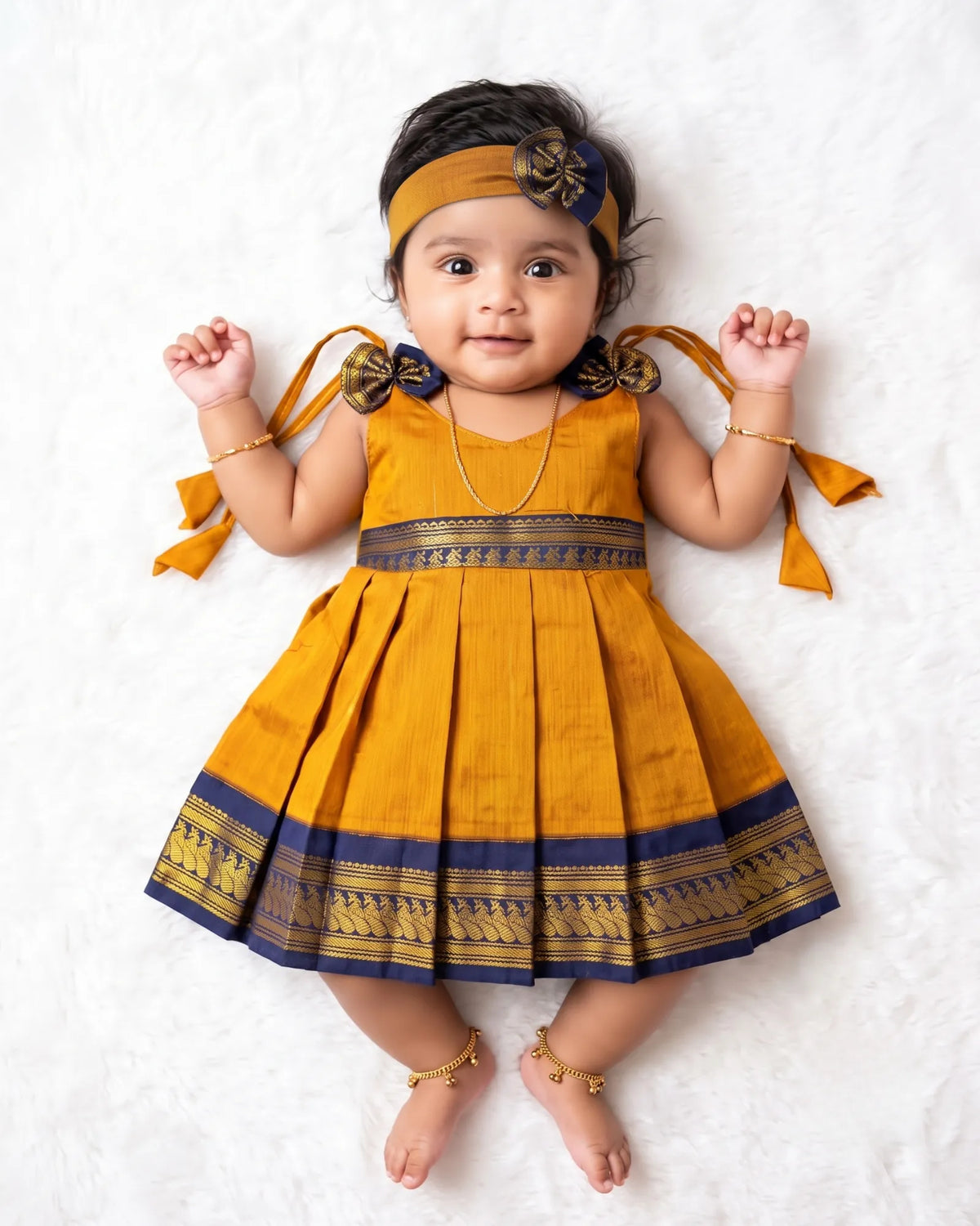 Newborn Baby Girl Mustard Kalyani Cotton Zari Frock + Headband  LF2059