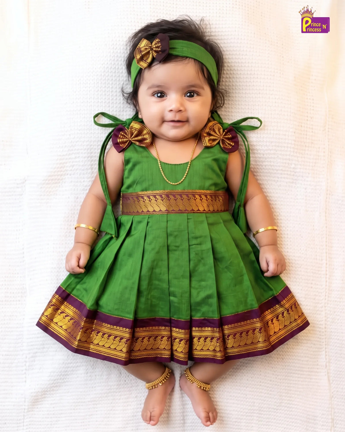 Newborn Baby Girl Parrot Green Kalyani Cotton Zari Frock + Headband  LF2061