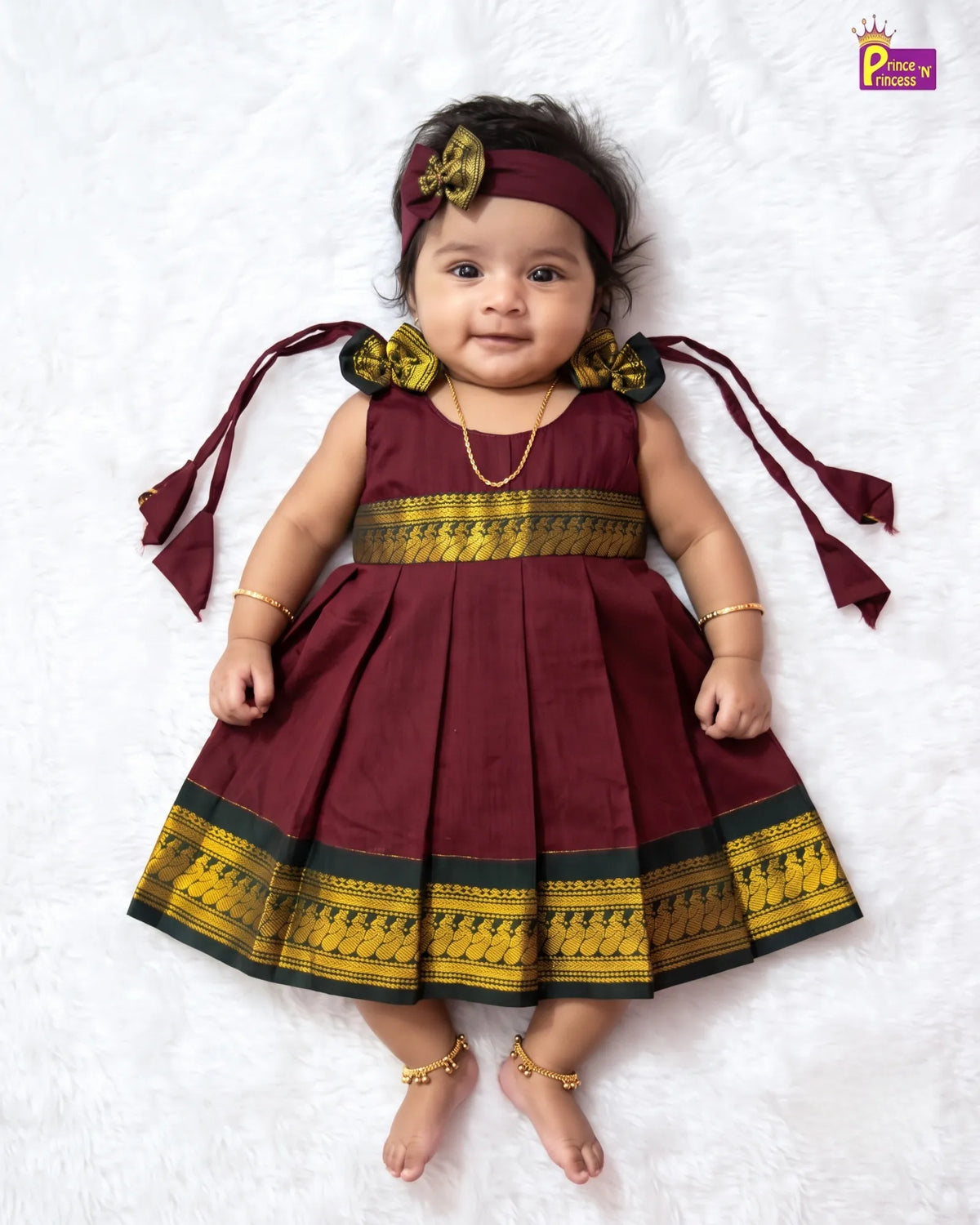 Newborn Baby Girl Deep Maroon Kalyani Cotton Zari Frock + Headband  LF2062