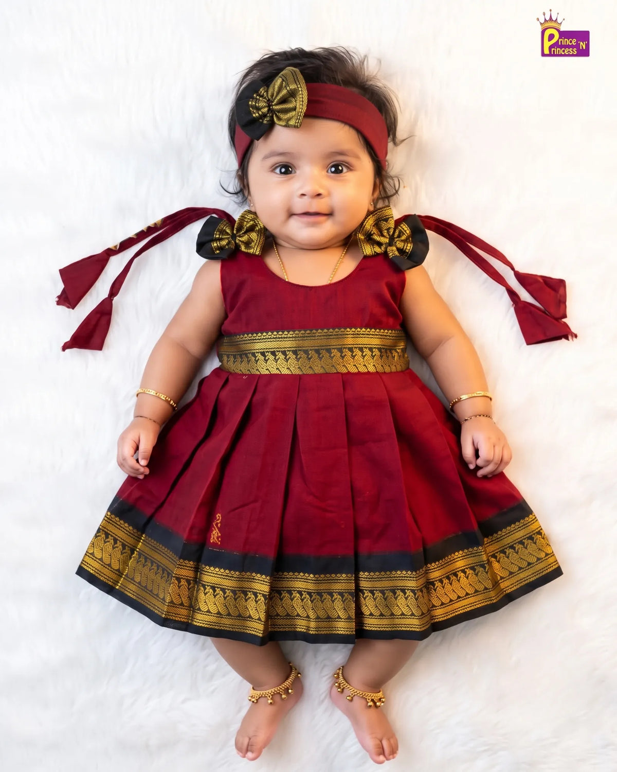 Newborn Kalyani Cotton Traditional Dress -  Maroon Dark Green  Zari Frock + Headband LF2074