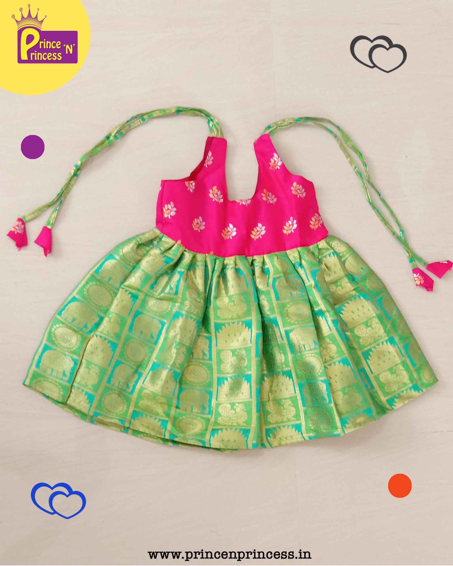 New Born Green Pink Raw Silk Frock LF263