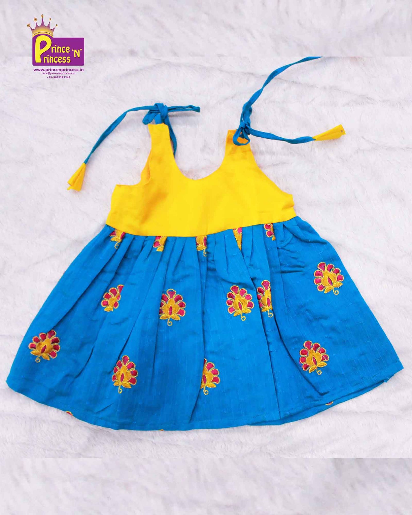 New Born Yellow with Blue Raw Silk Frock LF287