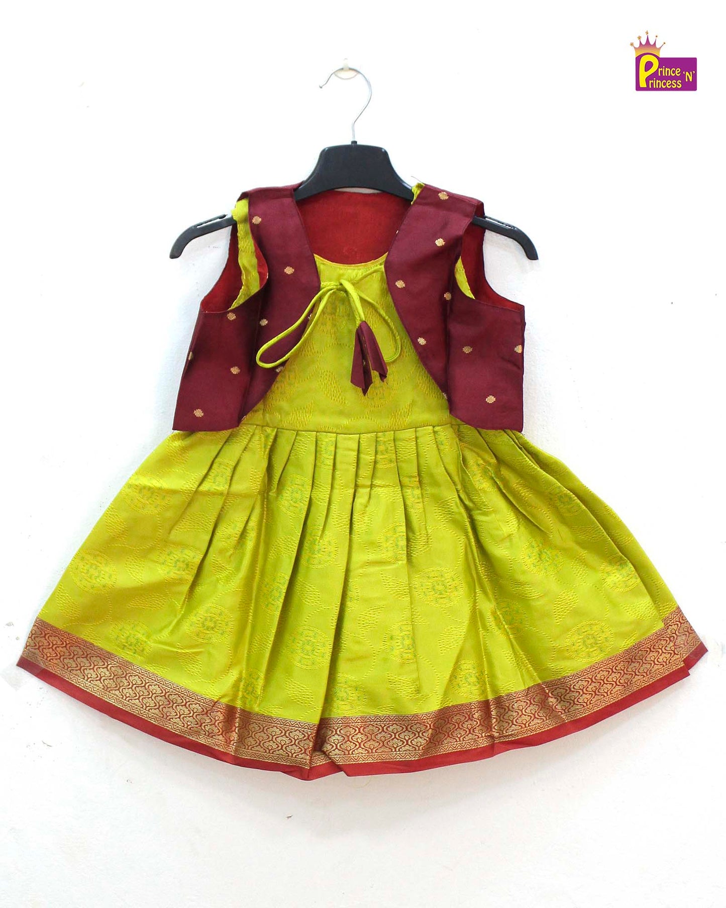 Toddlers Maroon Green Raw Silk Coat Frock LF417