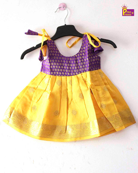 Toddlers Yellow Violet Silk Knot Type Frock LF437