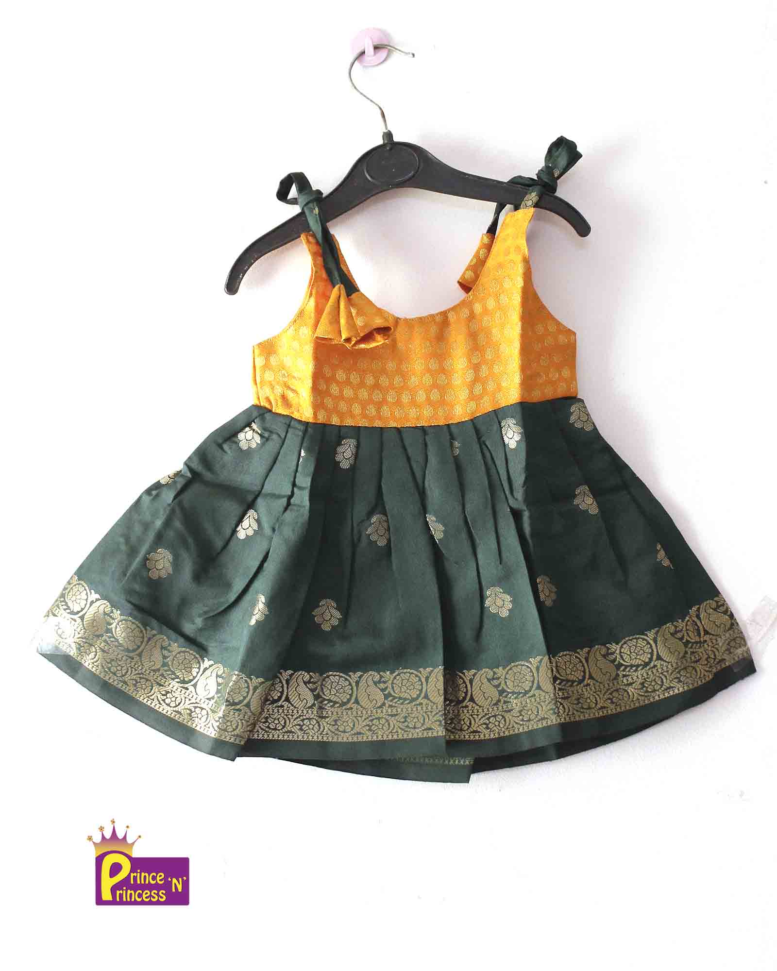 Toddlers Orange Green Silk Knot Type Frock LF439 Prince N Princess