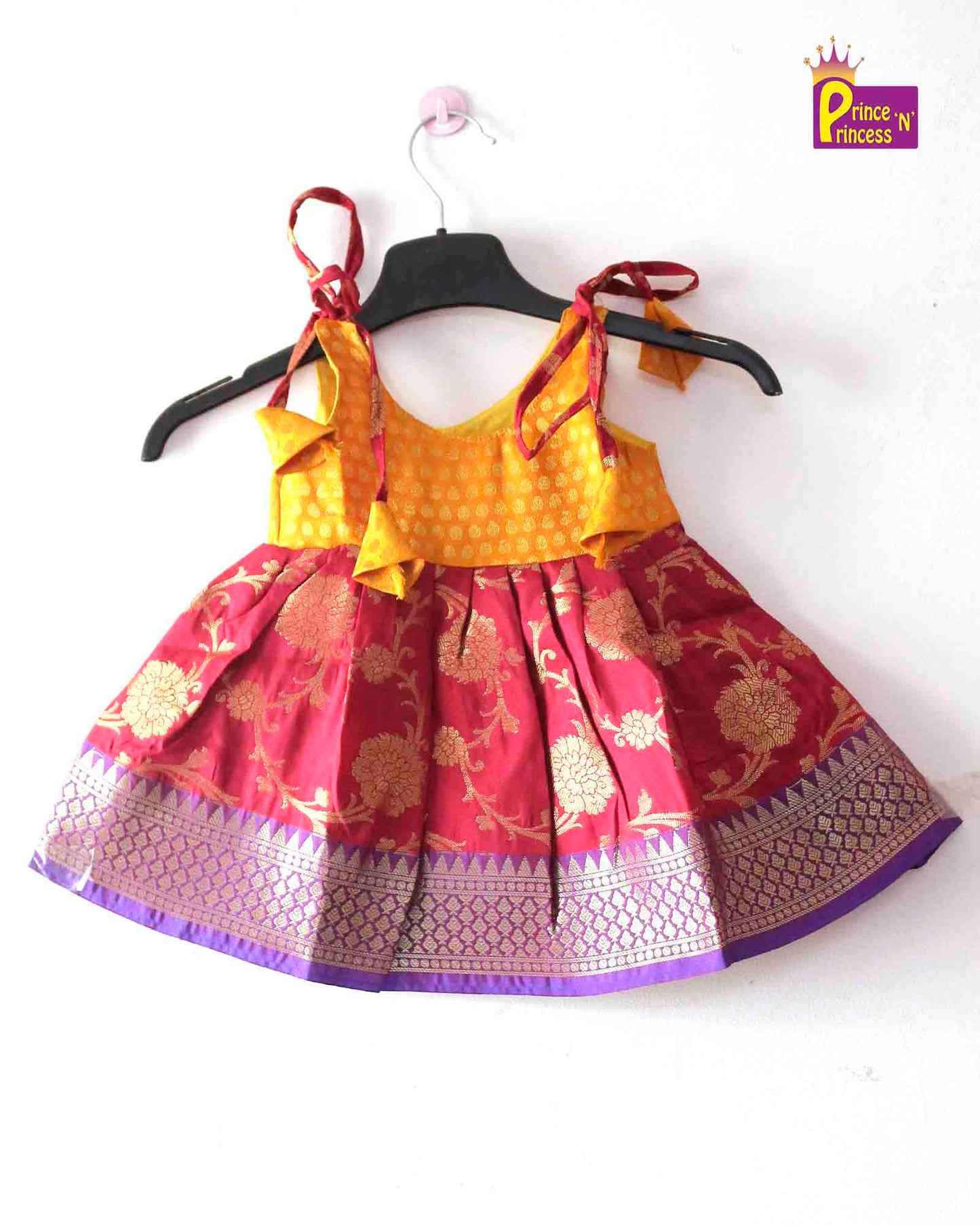 Toddlers Maroon Golden Silk Knot Type Frock LF443