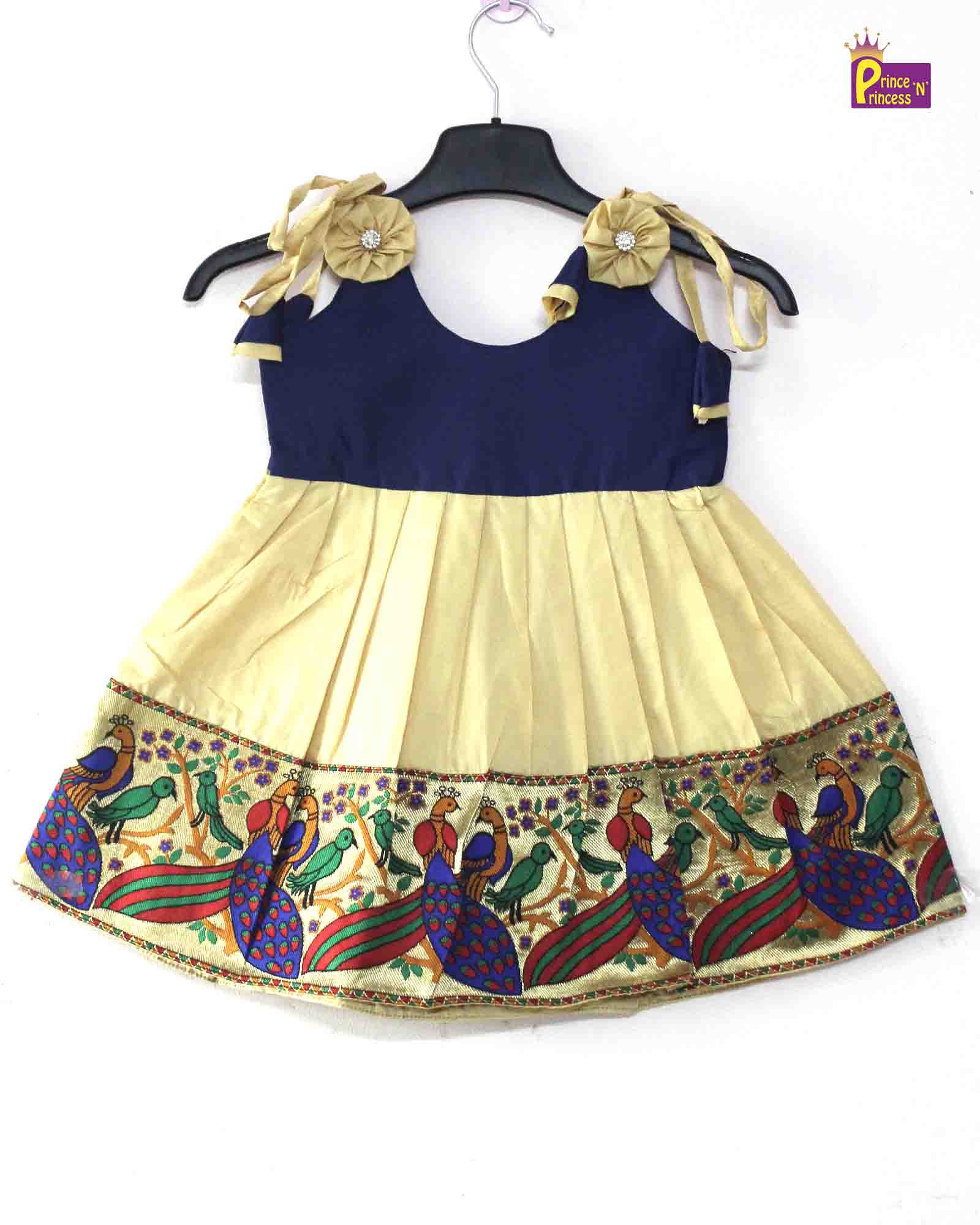 Toddlers Navy Blue Half White Raw Silk Pattu Frock LF448 Prince N Princess