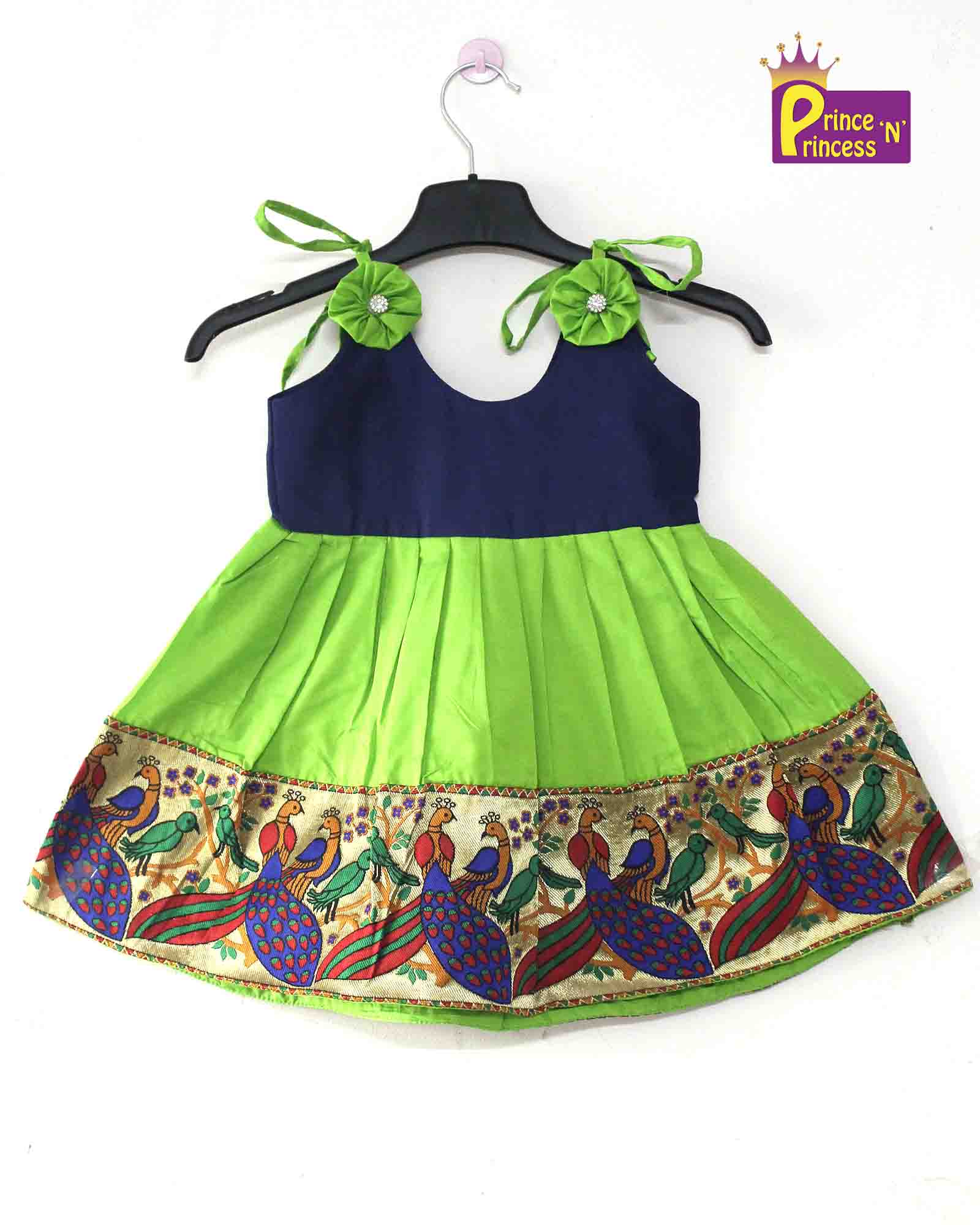 Toddlers Navy Blue Green Raw Silk Pattu Frock LF449 Prince N Princess