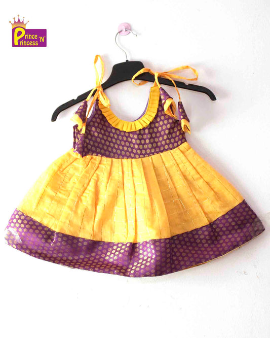 New Born Yellow Violet Raw Silk Knot Type Frock LF452