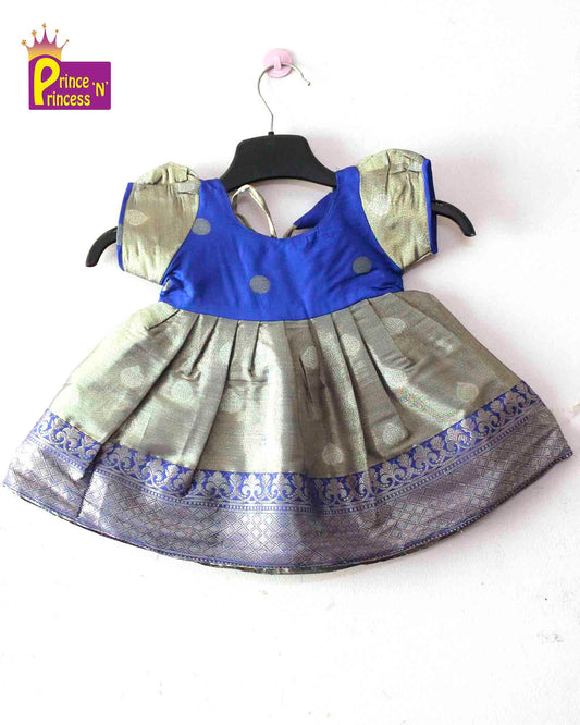 Toddlers  Blue  raw Silk Knot Type Frock LF481
