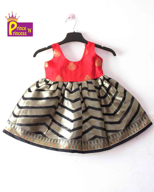 Toddlers Red black raw Silk Knot Type Frock LF434