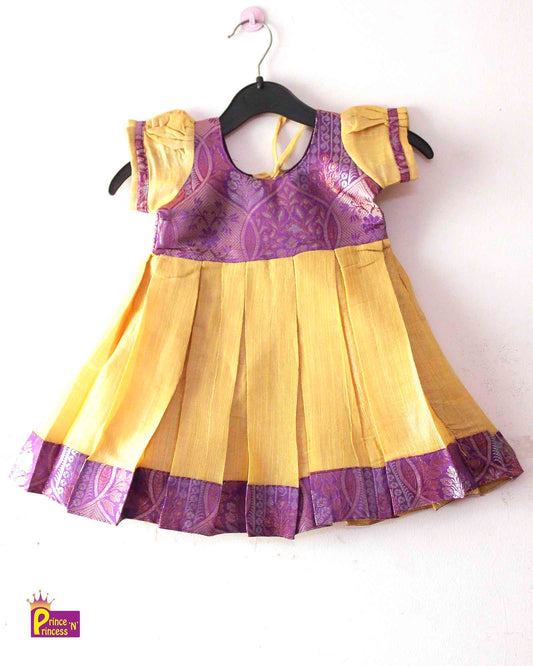 Toddler Yellow violet  Raw  Silk Knot Type Frock LF530