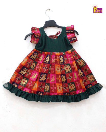 Kids Green with Red Raw Silk Frock LF839