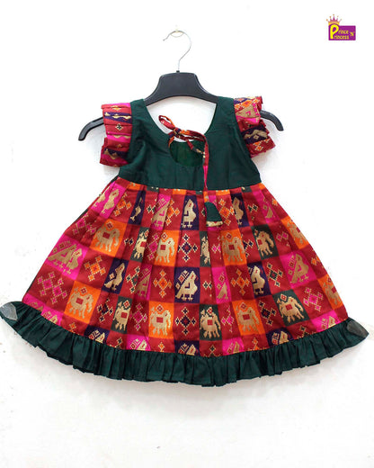 Kids Green with Red Raw Silk Frock LF839