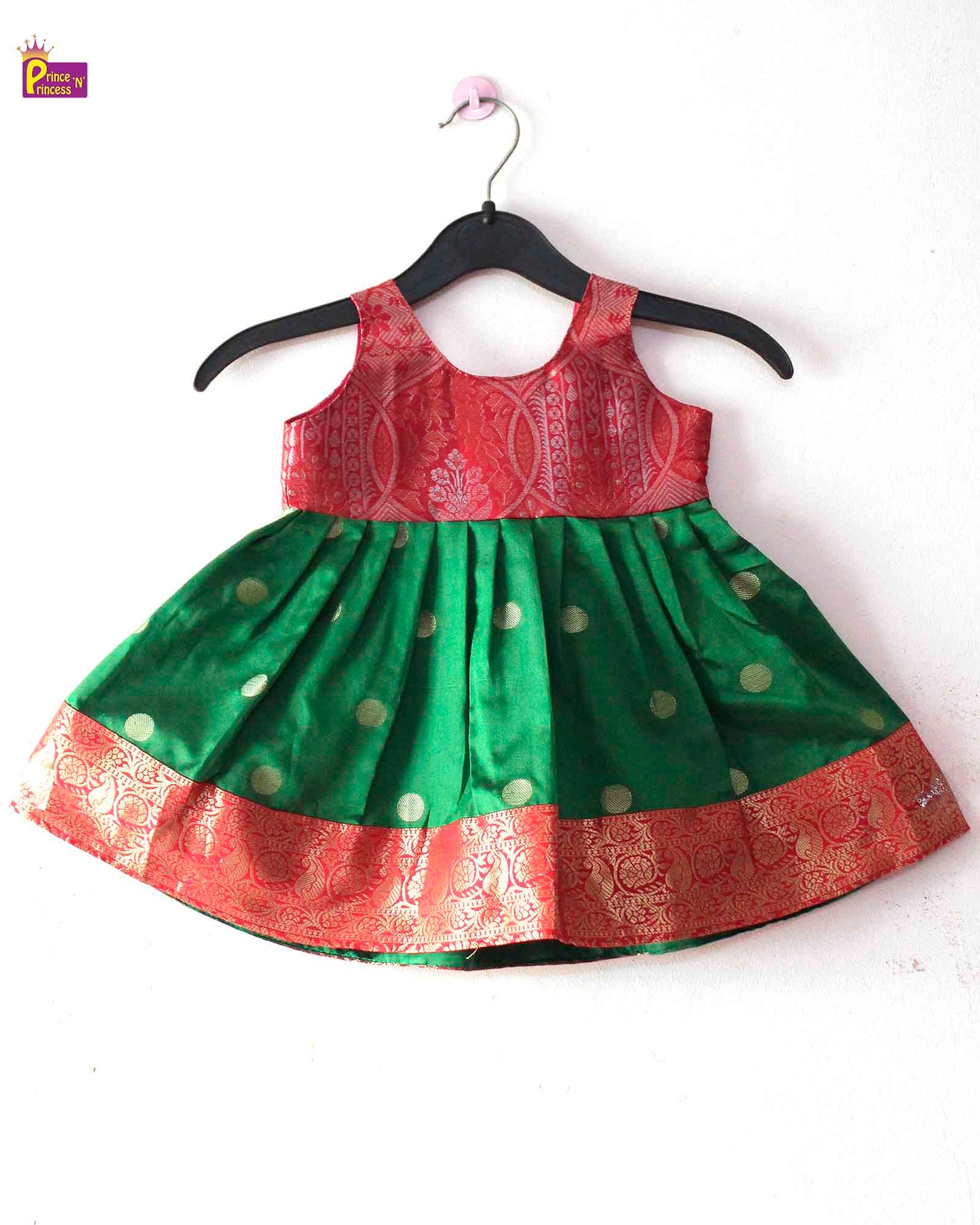 Toddlers Green Red Raw Silk Knot Type Frock LF555
