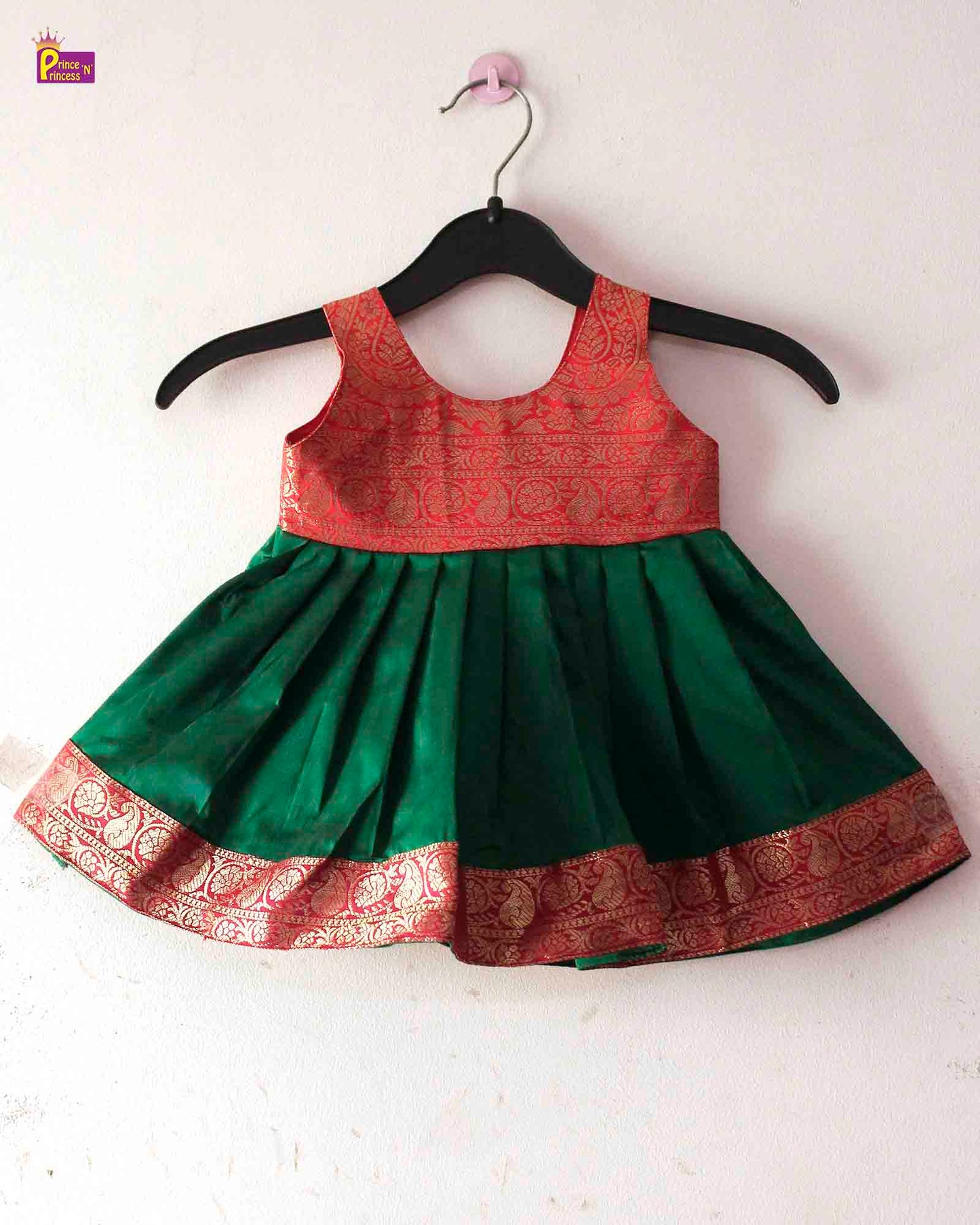 Toddlers Green Red Raw Silk Knot Type Frock LF556
