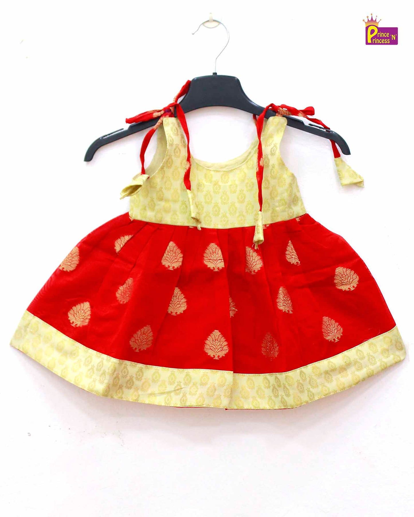 New born Red and Halfwhite Raw Silk Frock LF687