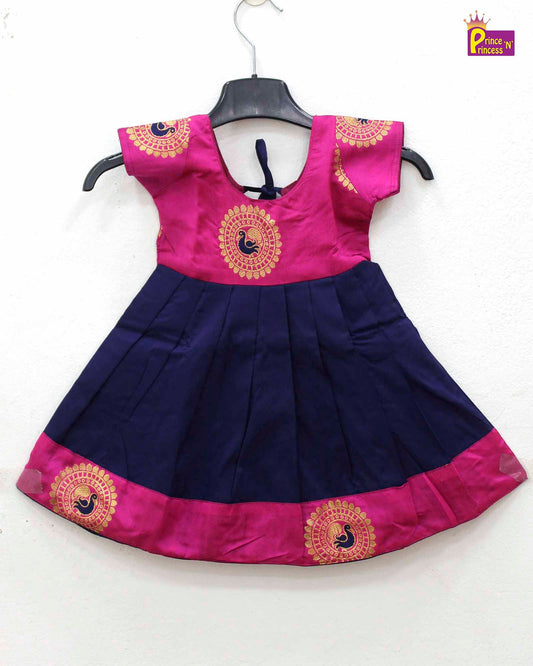 New Born Pink Navy Blue Raw Silk Frock LF706