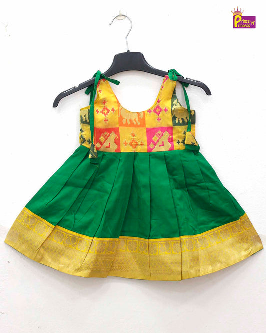 Toddlers Yellow With Green Pattu Frock LF708