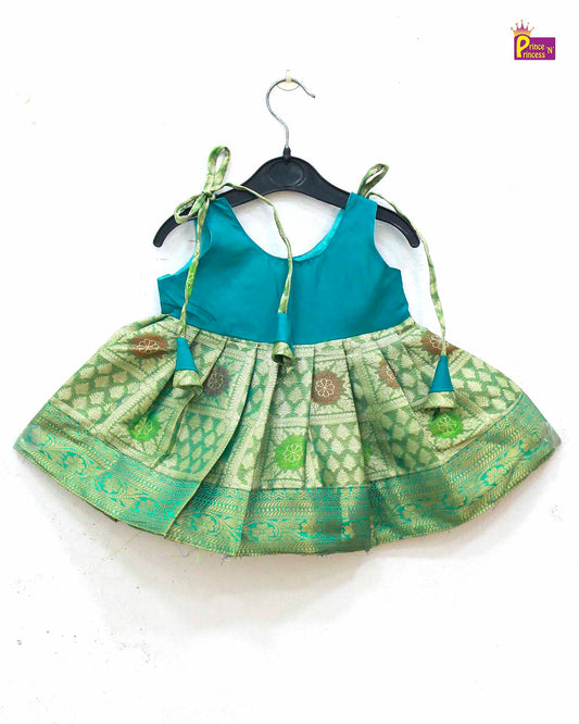 New Born Rama Green Raw silk knot Frock LF736