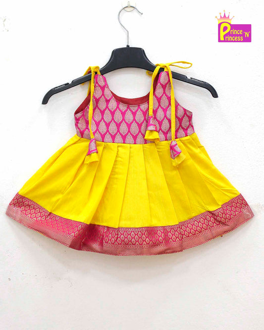 New Born Yellow Pink Raw silk knot Frock LF737