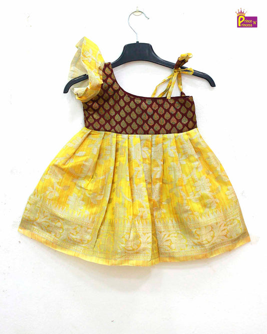 New Born Maroon with Yellow  Raw silk knot Frock LF739