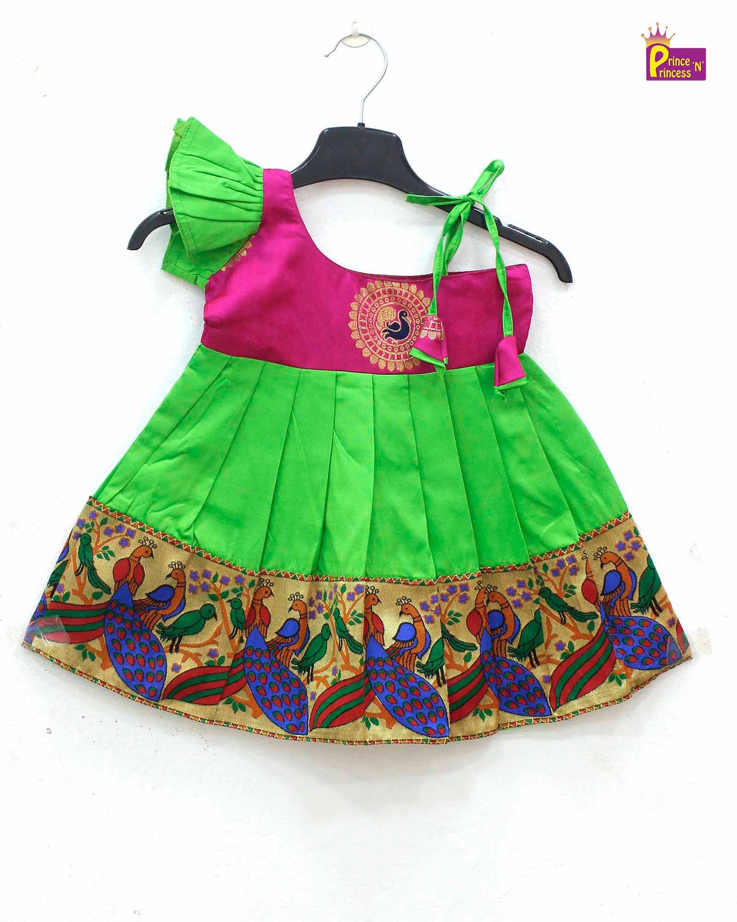 New Born Pink with Green Raw silk knot Frock LF742