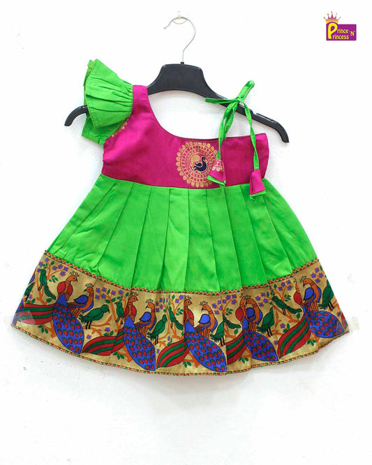 New Born Pink with Green Raw silk knot Frock LF742