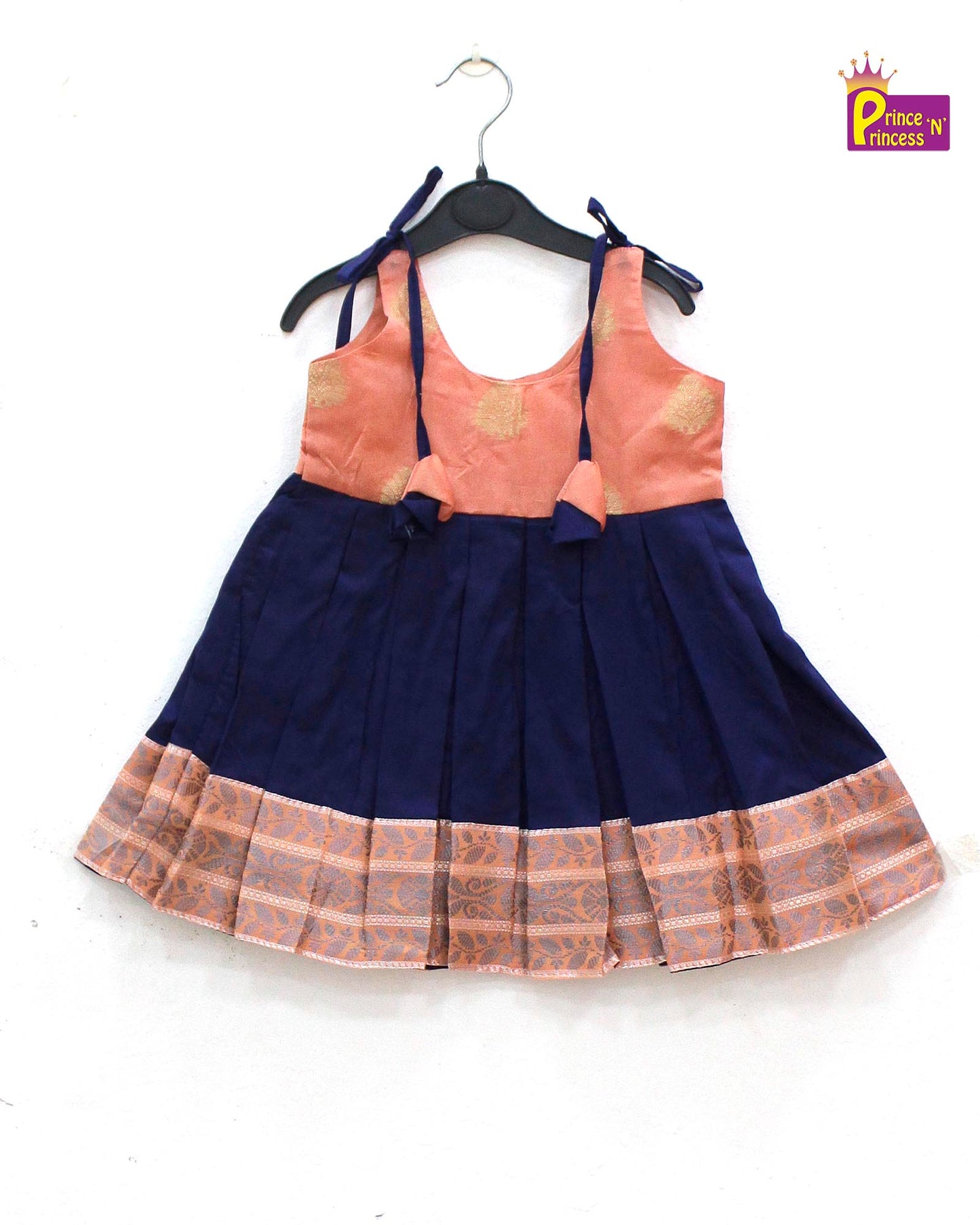 New born Peach navy Raw Silk Frock  LF745