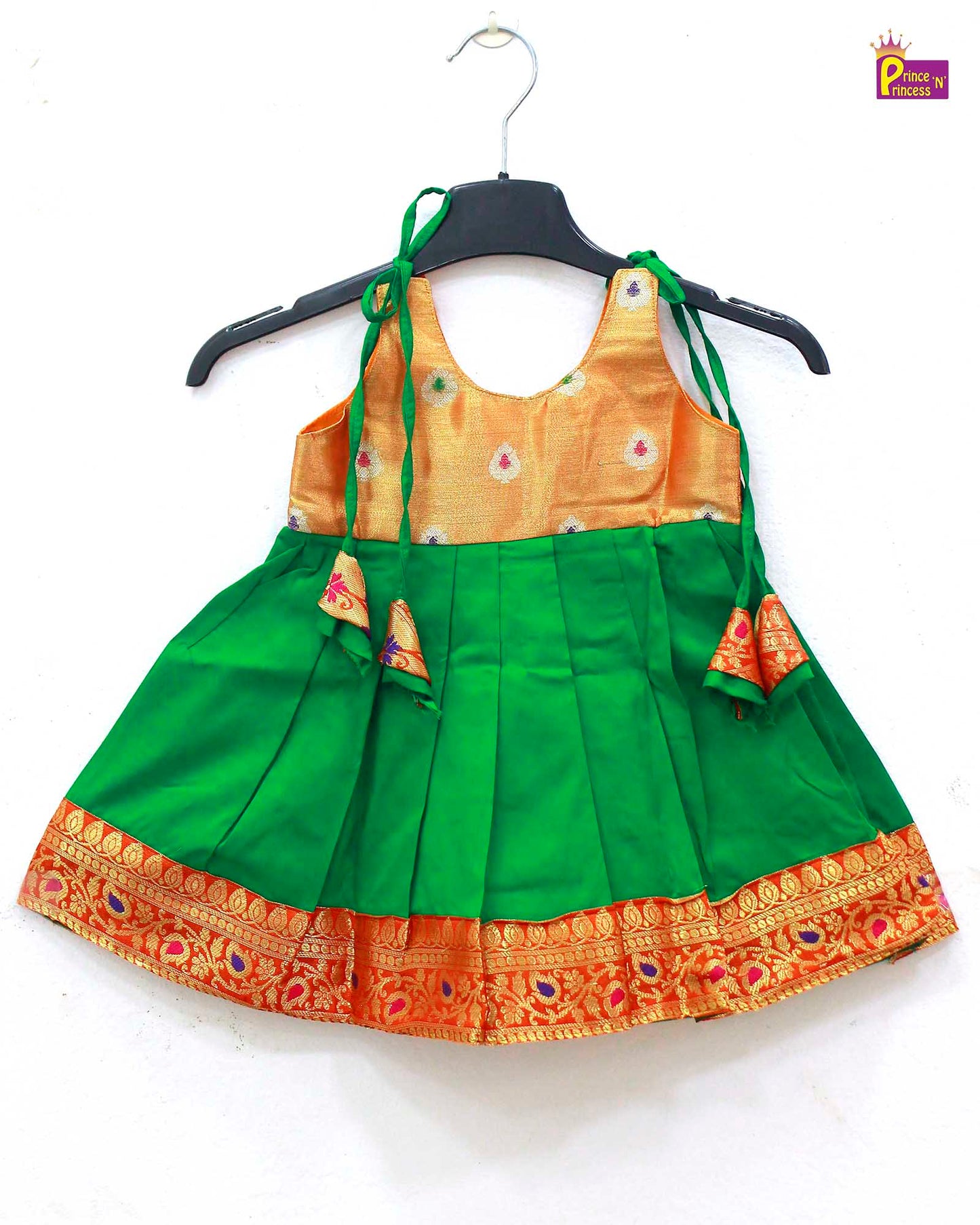 New born Green orange Raw Silk Frock  LF753