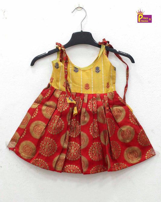 New born Red with Yellow Raw Silk Frock LF767