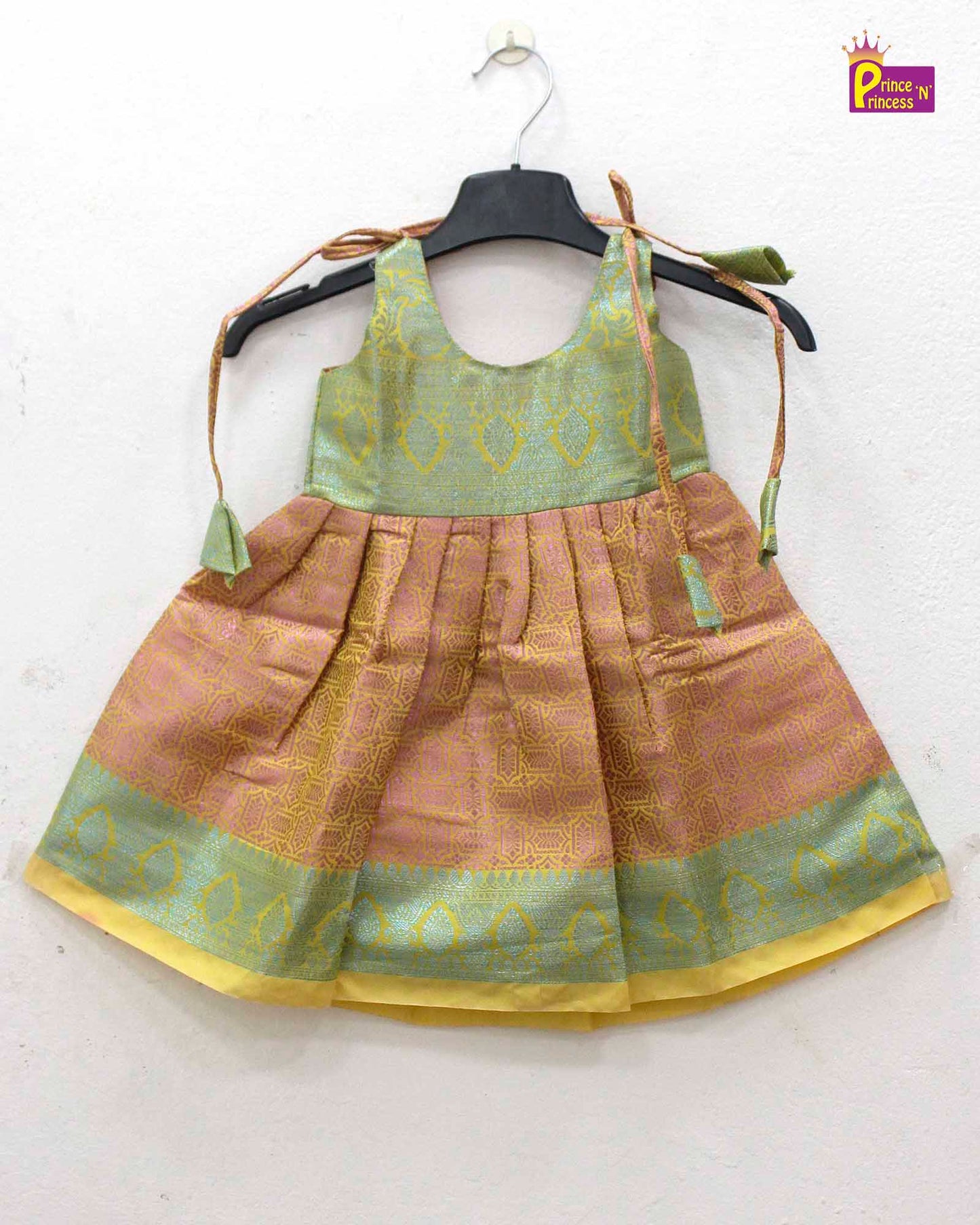 New born Green with Orange Raw Silk Frock LF780