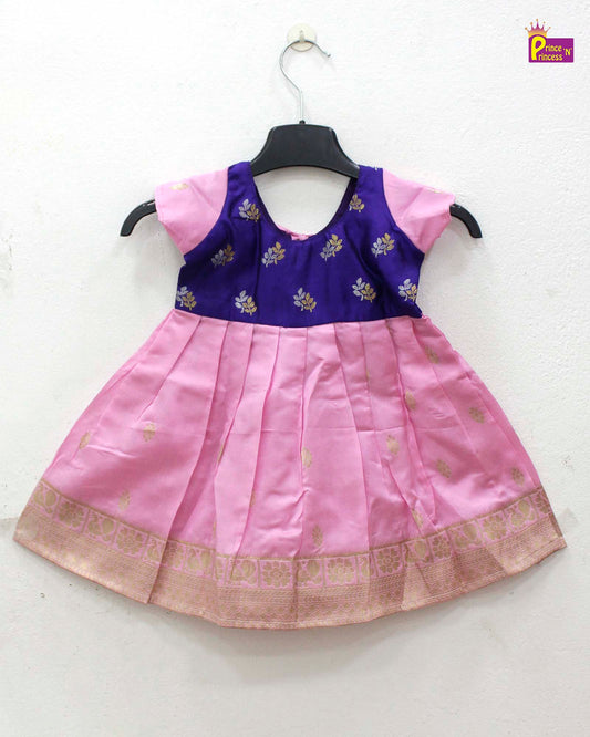 New born Baby Pink with Purple Raw Silk Frock LF781