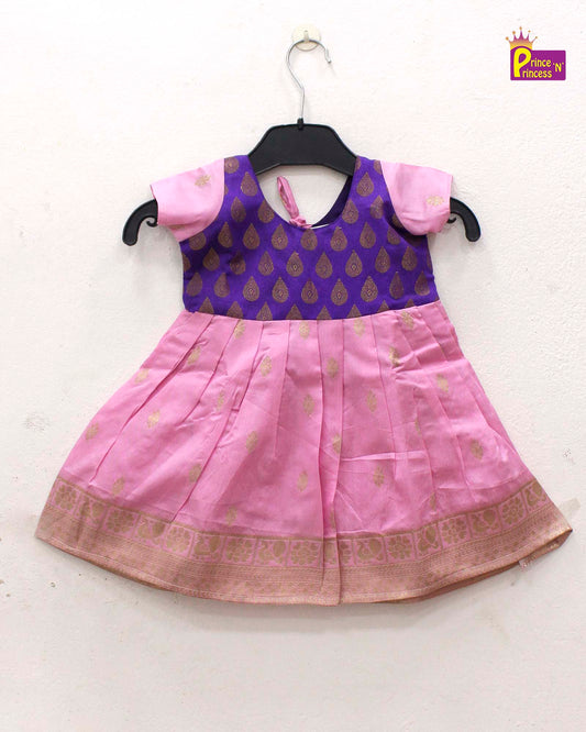 New born Baby Pink with Purple Raw Silk Frock LF784