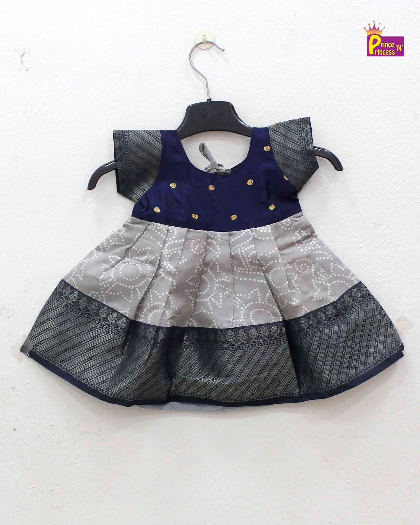 New born Navy With Grey Raw Silk Frock LF785