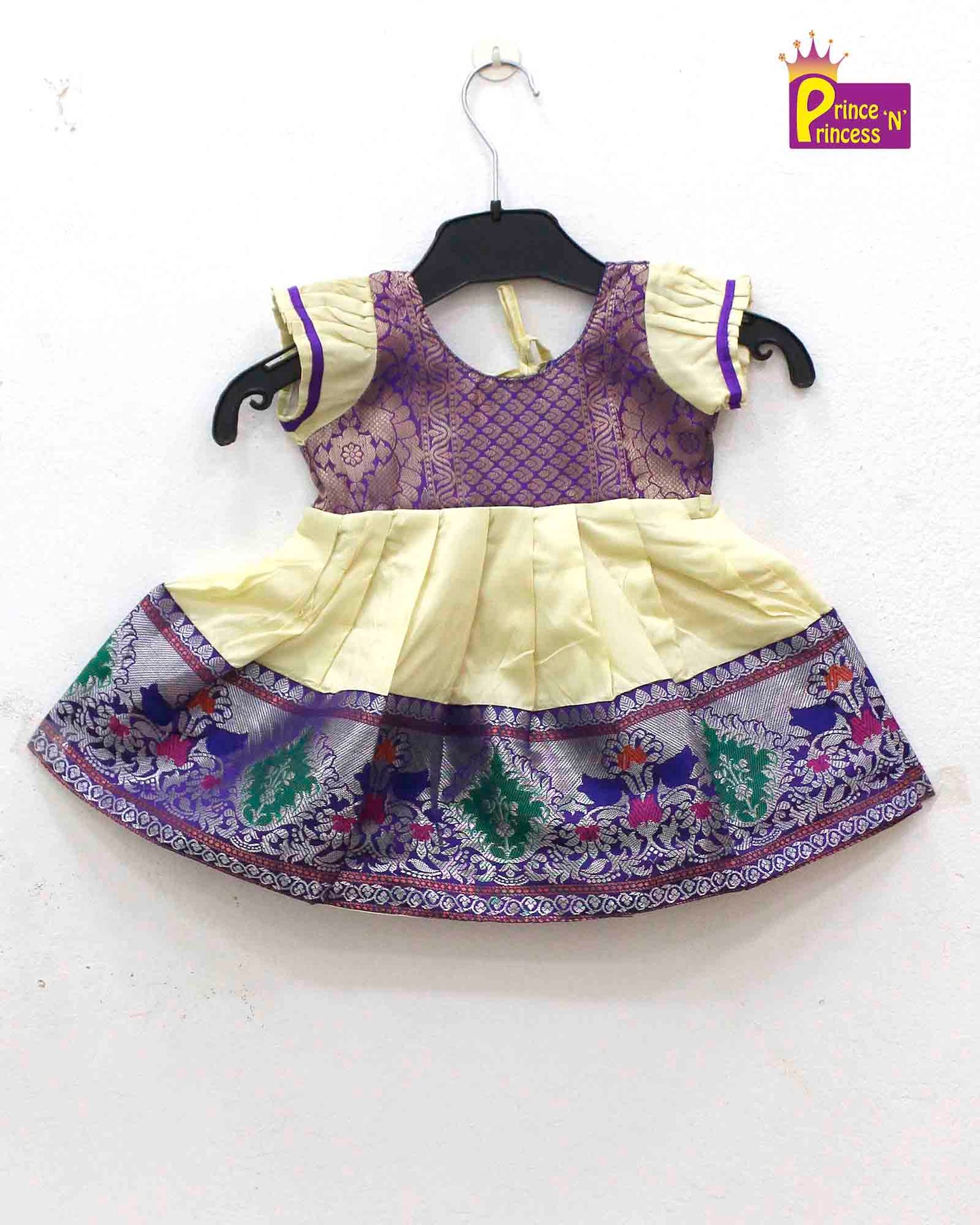 New born Cream with Violet Raw Silk Frock LF798