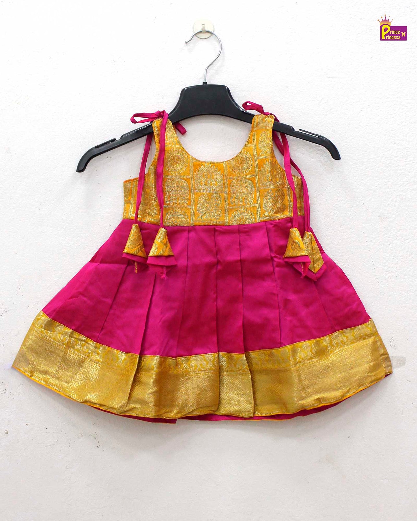 New born Pink with Yellow Raw Silk Frock LF800