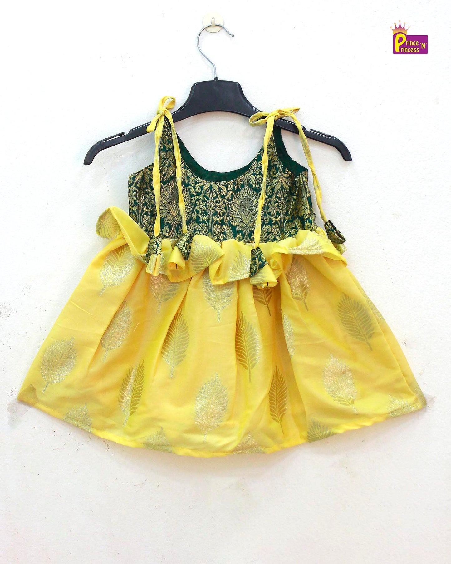 New born Green with Cream Raw Silk Frock  LF816