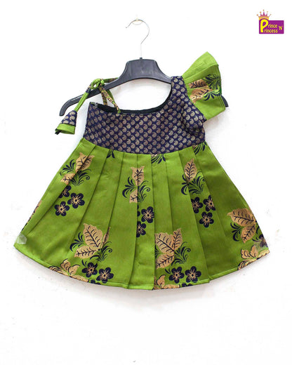 New born Green with Navy Raw Silk Frock  LF834